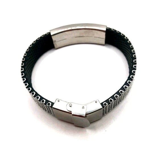 Mens Stainless Steel Bracelet Silver Tone + Black 8.5 Inches New - Picture 7 of 9